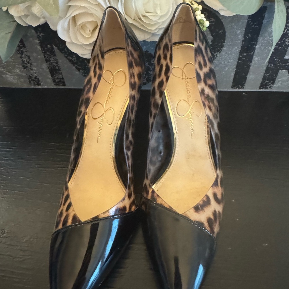 Jessica Simpson Black and Brown Heels with Leopard Print